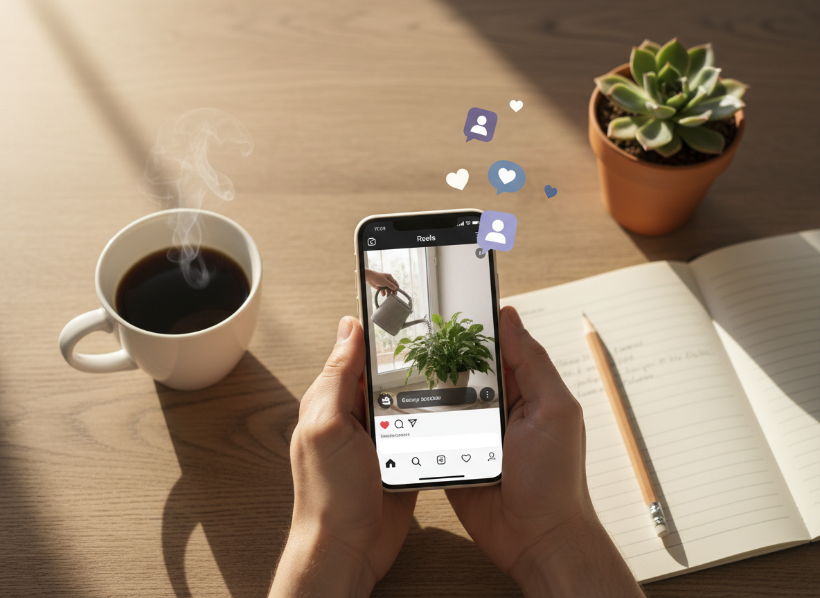 Instagram Shadowban Signs and Fixes: Warm overhead view of hands naturally holding a smartphone with Instagram open,