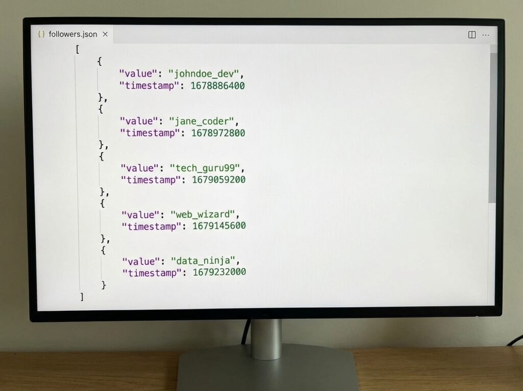 Screenshot showing the structure of Instagram's followers.json file with usernames and timestamps highlighted