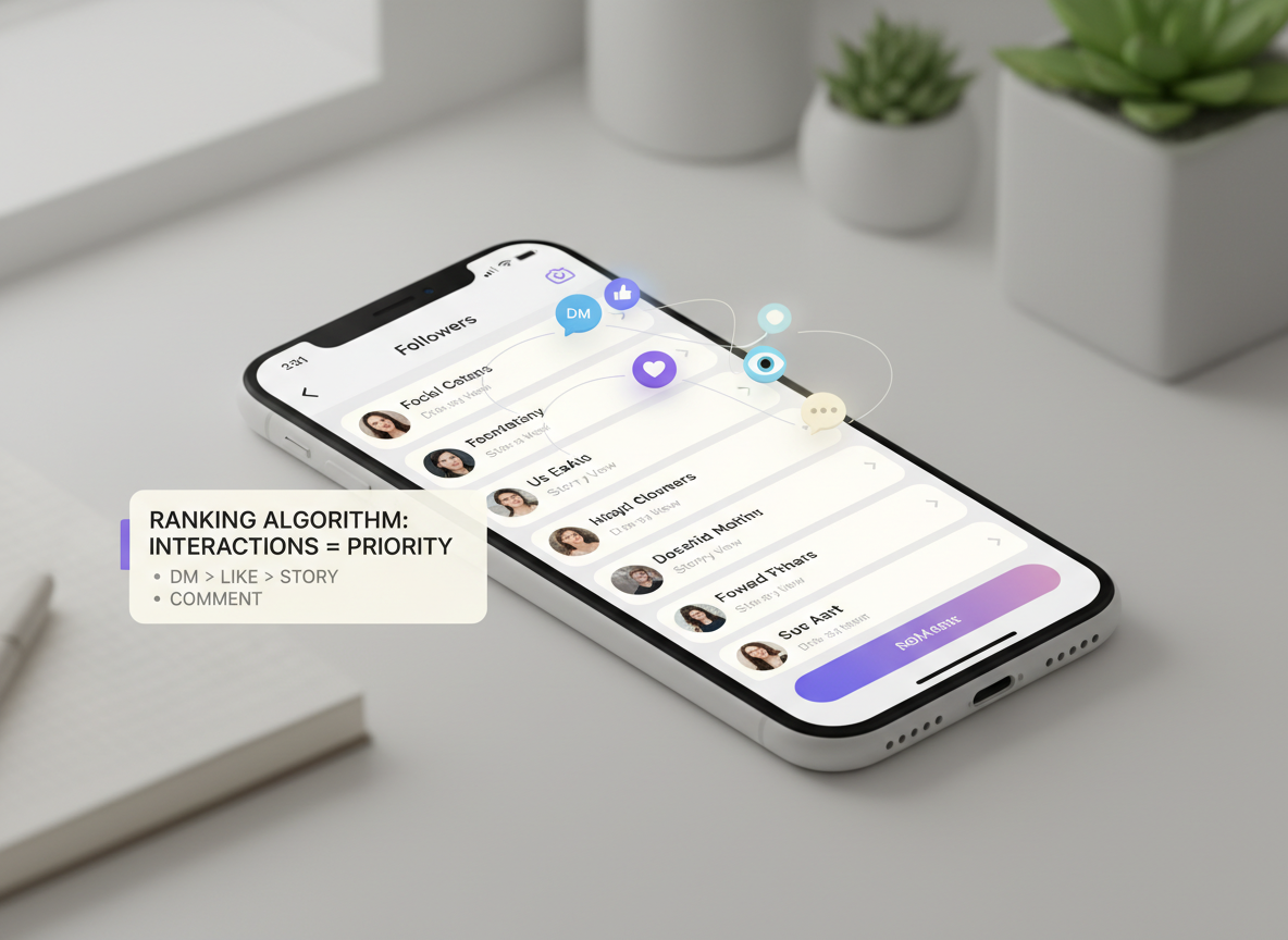 Mutual Followers What They Mean: Stylized smartphone mockup showing an Instagram-style followers list interface,