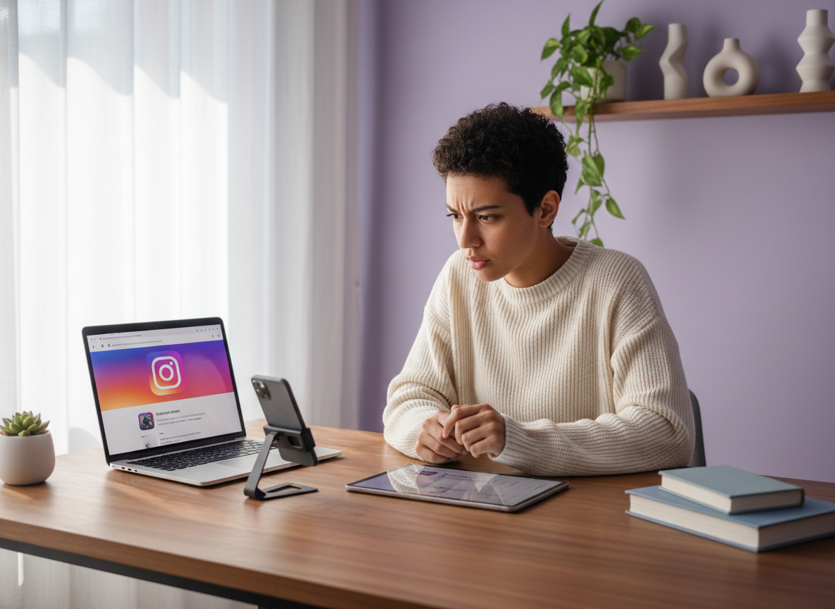 Why Instagram Says User Not Found: A person sitting at a desk with multiple devices spread out - a smartphone, lapt