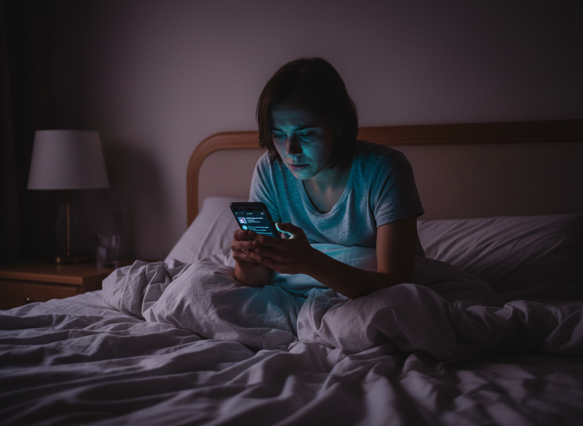 Why People Unfollow Their Exes First After a Breakup: A person sitting alone in bed at 1am, face illuminated by the blue g...
