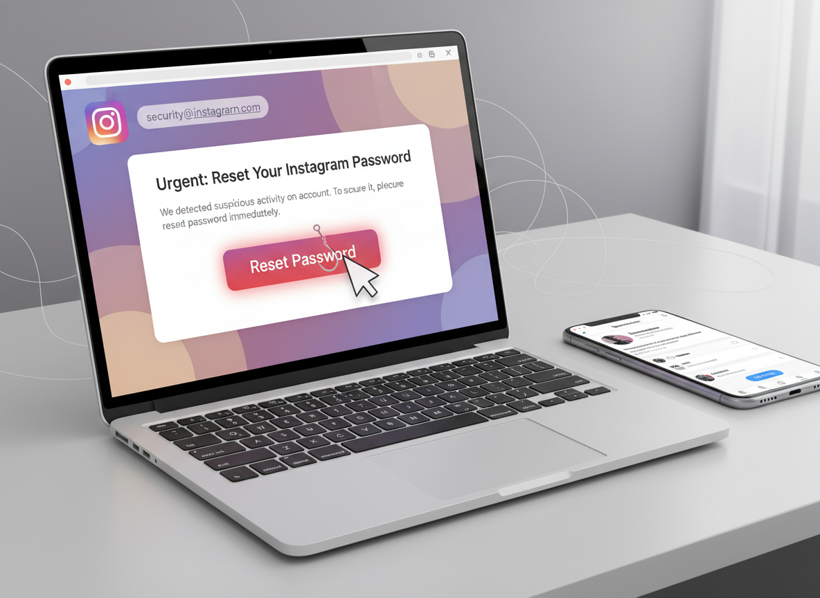 Instagram App Data Theft Risks Explained: A realistic illustration of a laptop screen showing a convincing but fake Instag