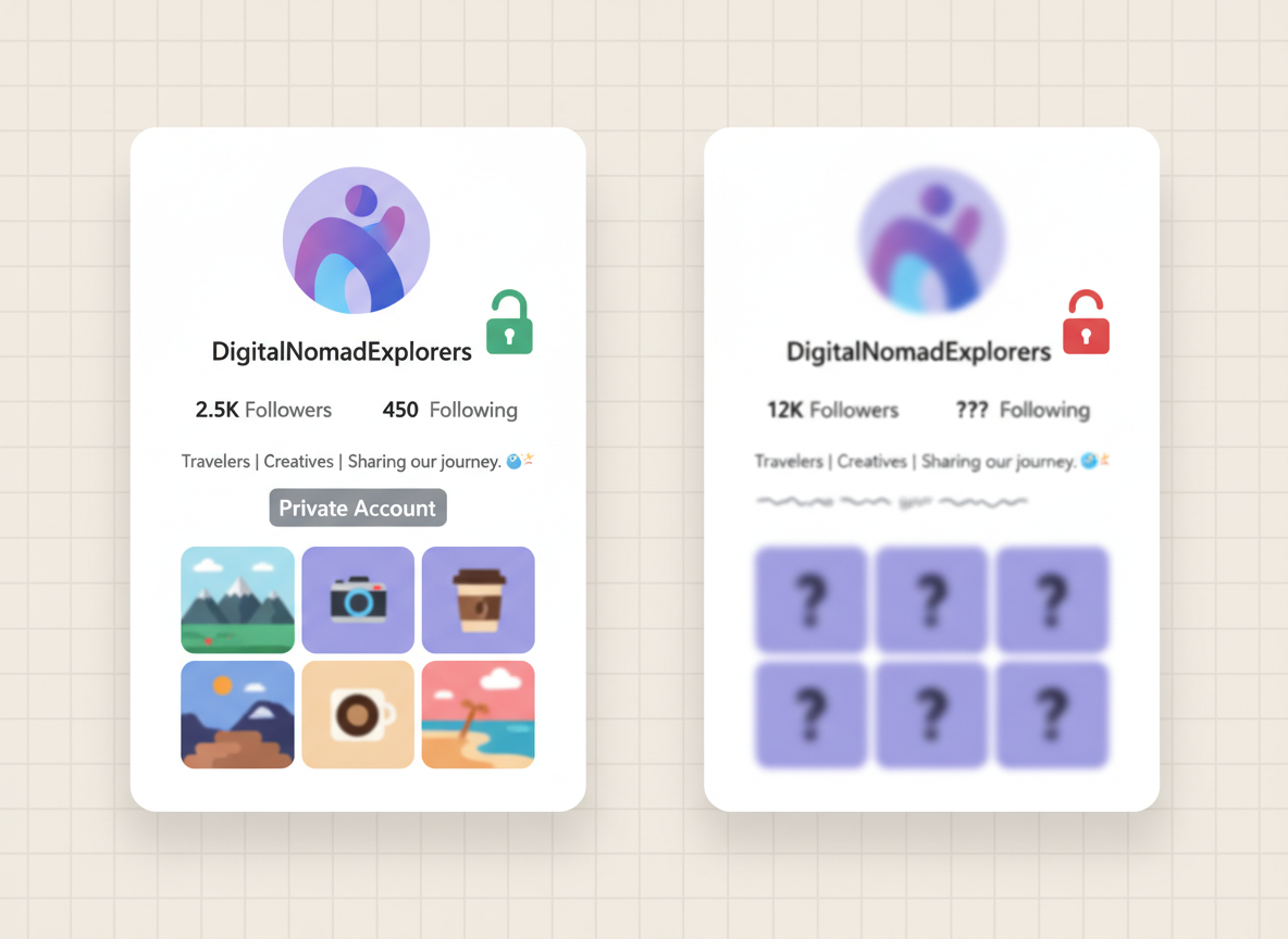 How Instagram Handles Data Access: Split-screen illustration showing two Instagram profile views side by side. Left