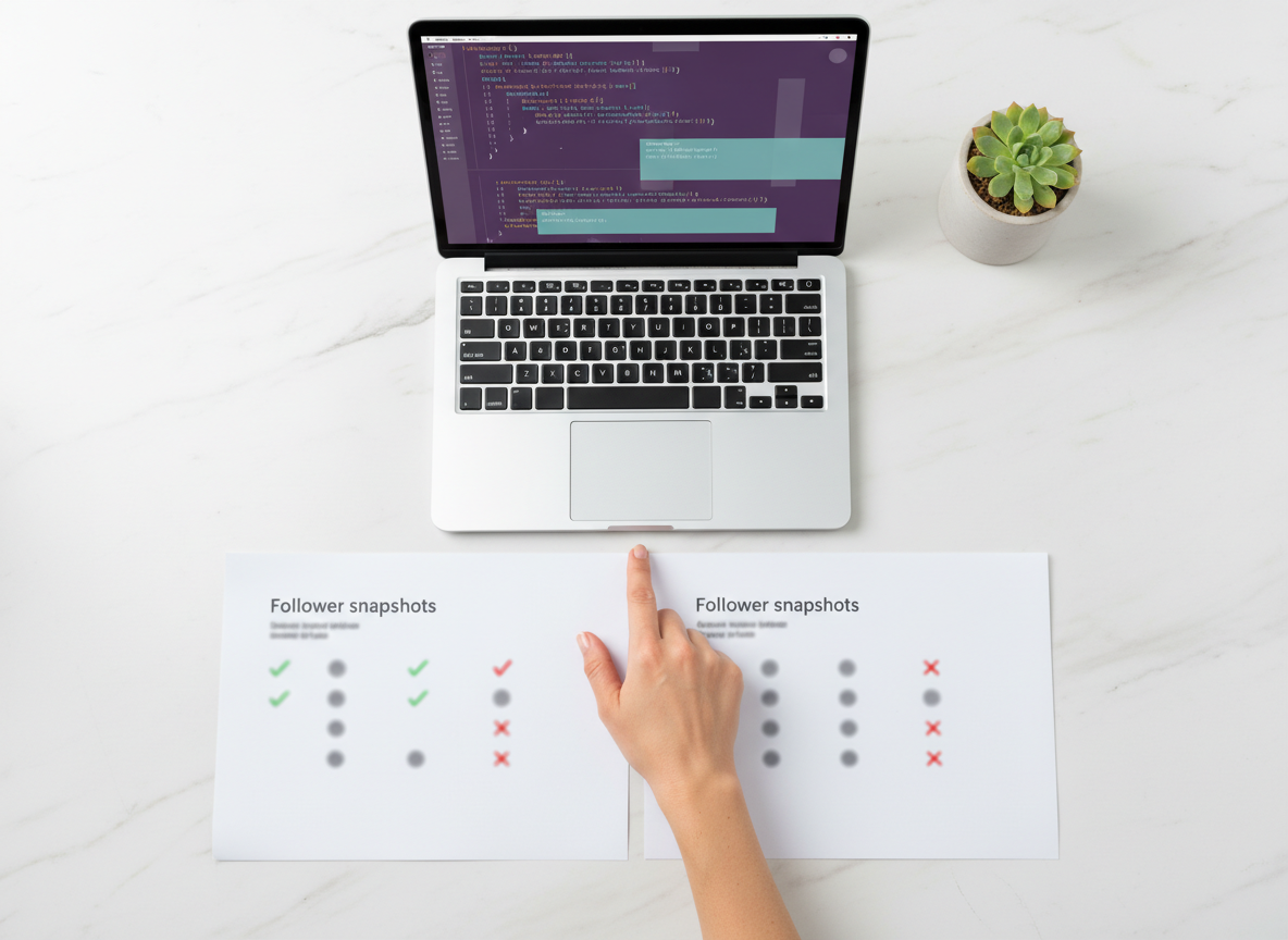 Public vs Private Accounts for Tracking: Clean how-to product photography style, overhead flat lay of an organized worksp