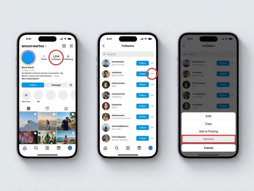 Step by step screenshots showing how to remove a follower on Instagram: Profile, Followers, three dots menu, Remove option