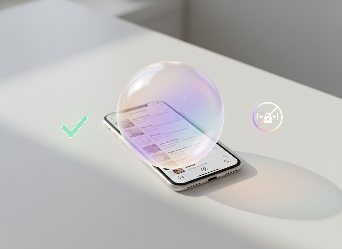 Safe vs Unsafe Instagram Trackers Explained: A smartphone displaying the Instagram app interface with a translucent protectiv