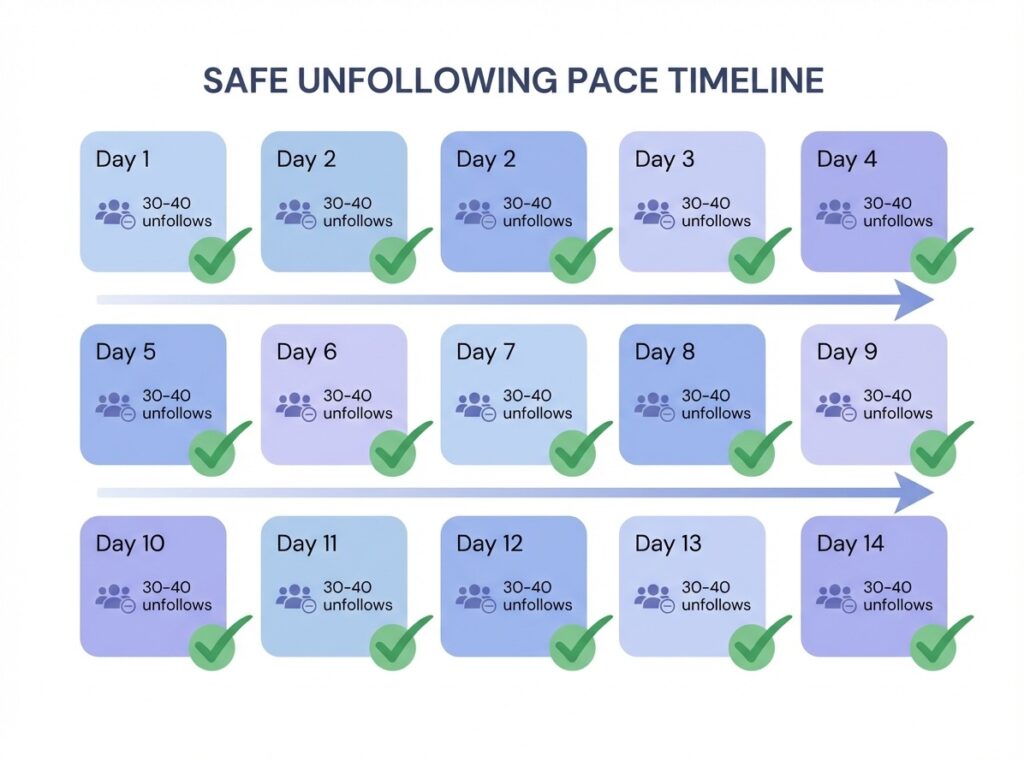 Visual timeline showing safe unfollowing pace: 30-40 per day spread across 2 weeks with breaks