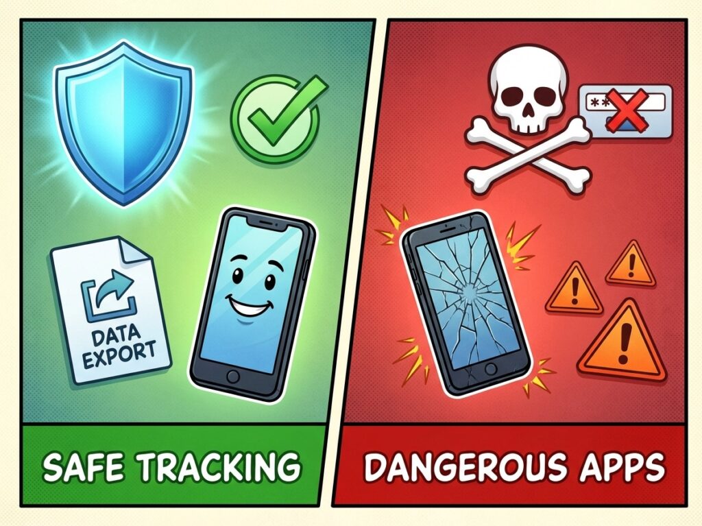 Visual comparison showing safe follower tracking methods like data export on the left versus dangerous password-based apps with warning symbols on the right