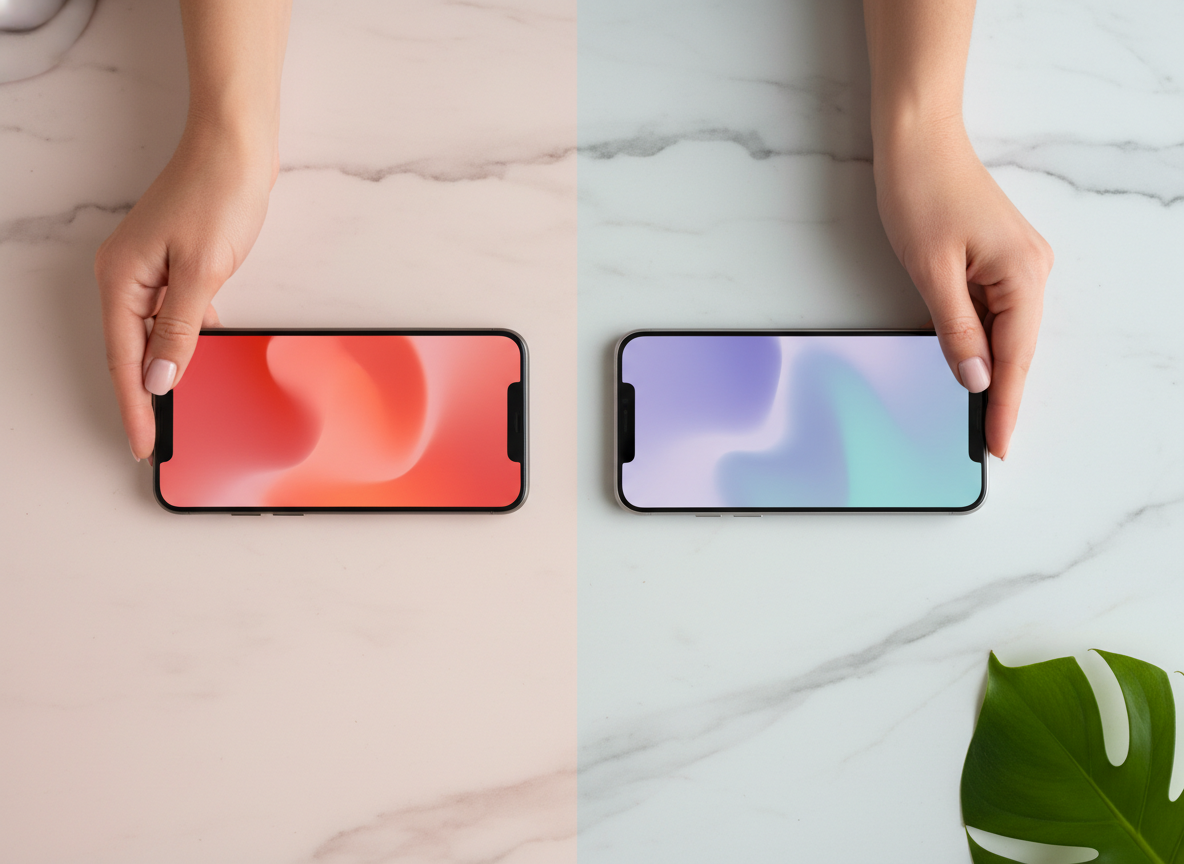 Soft Block and Restrict Effects on Followers: Clean product photography style, overhead flat lay composition, two hands vi...