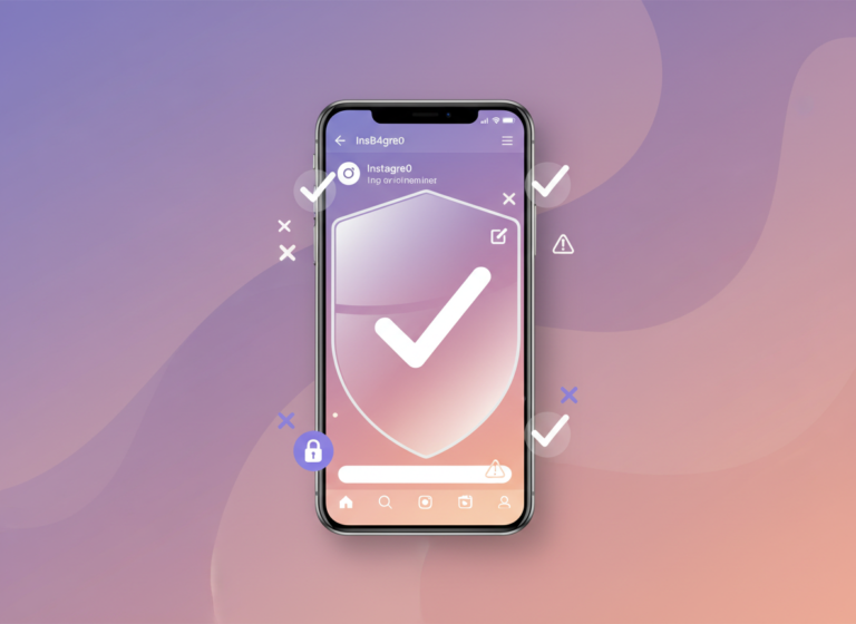 Instagram Tracker Safety Checklist: A stylized smartphone screen displaying Instagram app interface with a transluce