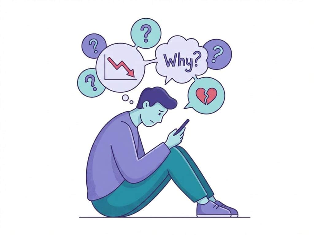 Illustration showing a person looking at their phone with thought bubbles containing question marks and declining follower count