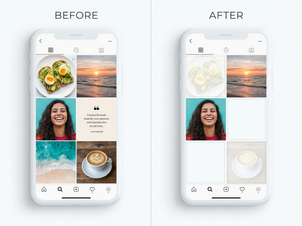 Split screen showing Instagram feed before and after unfollowing an account, with the unfollowed person's posts missing from the right side