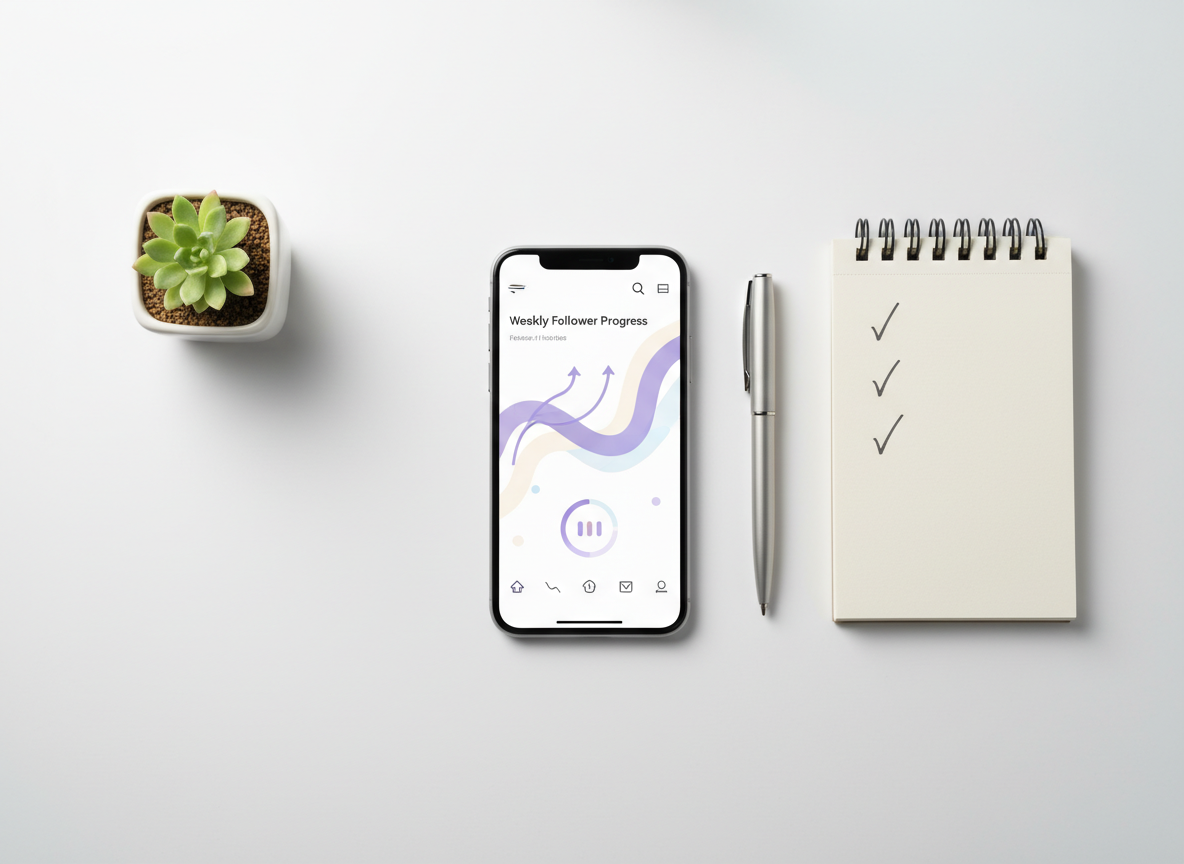 Weekly vs Monthly Follower Tracking: Professional flat lay photography, top-down view of organized workspace with sma