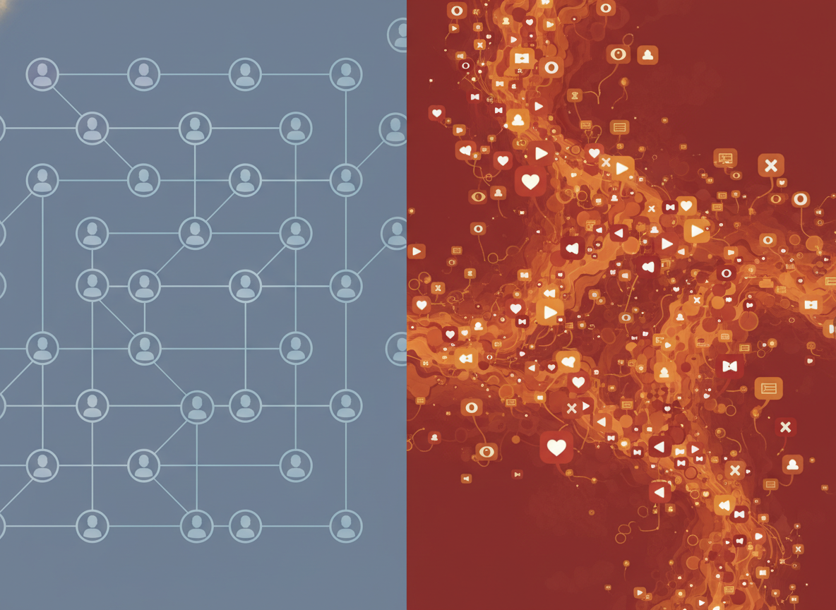 Why Who They Follow Does Not Tell the Truth: A split-screen visual concept showing two contrasting networks: on the left, a s