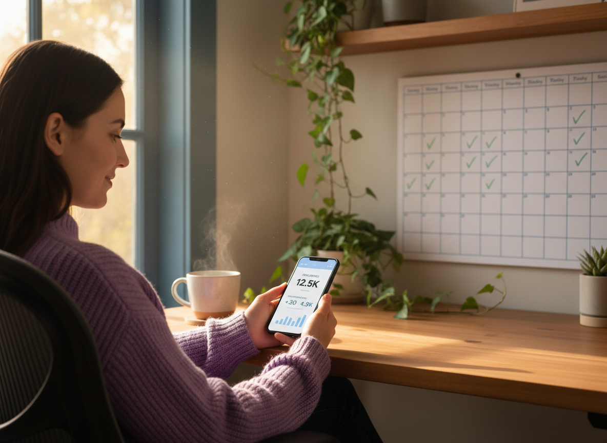 How to see who unfollowed you with ChatGPT: A person sitting relaxed at a desk with a cup of tea, calmly looking at their ph