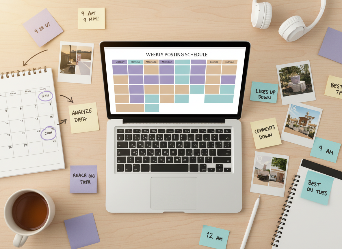 Do You Need a Reports App for Instagram: Overhead flat lay of a content creator's workspace showing a laptop with a weekl