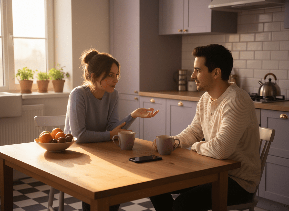 Why Your Girlfriend Hid Her Instagram Stories: A young couple sitting together at a kitchen table having a calm, open conv...