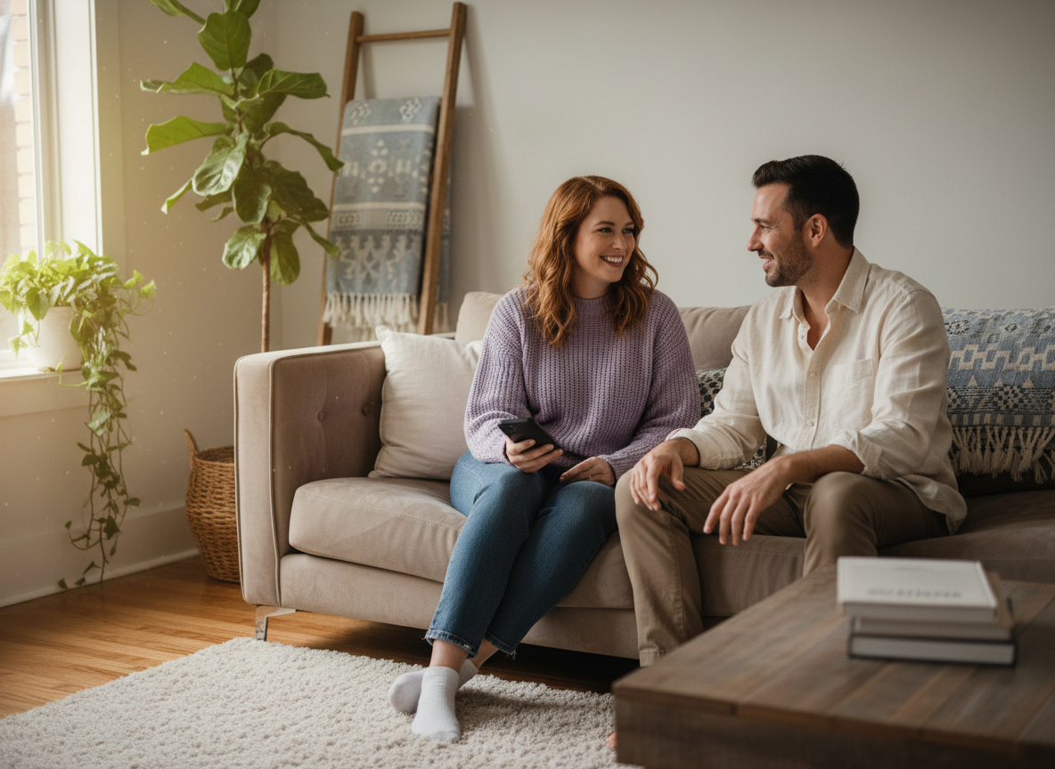 Why Your Partner Watches Stories but Never Likes: Two people sitting together on a comfortable couch having a relaxed, gen...