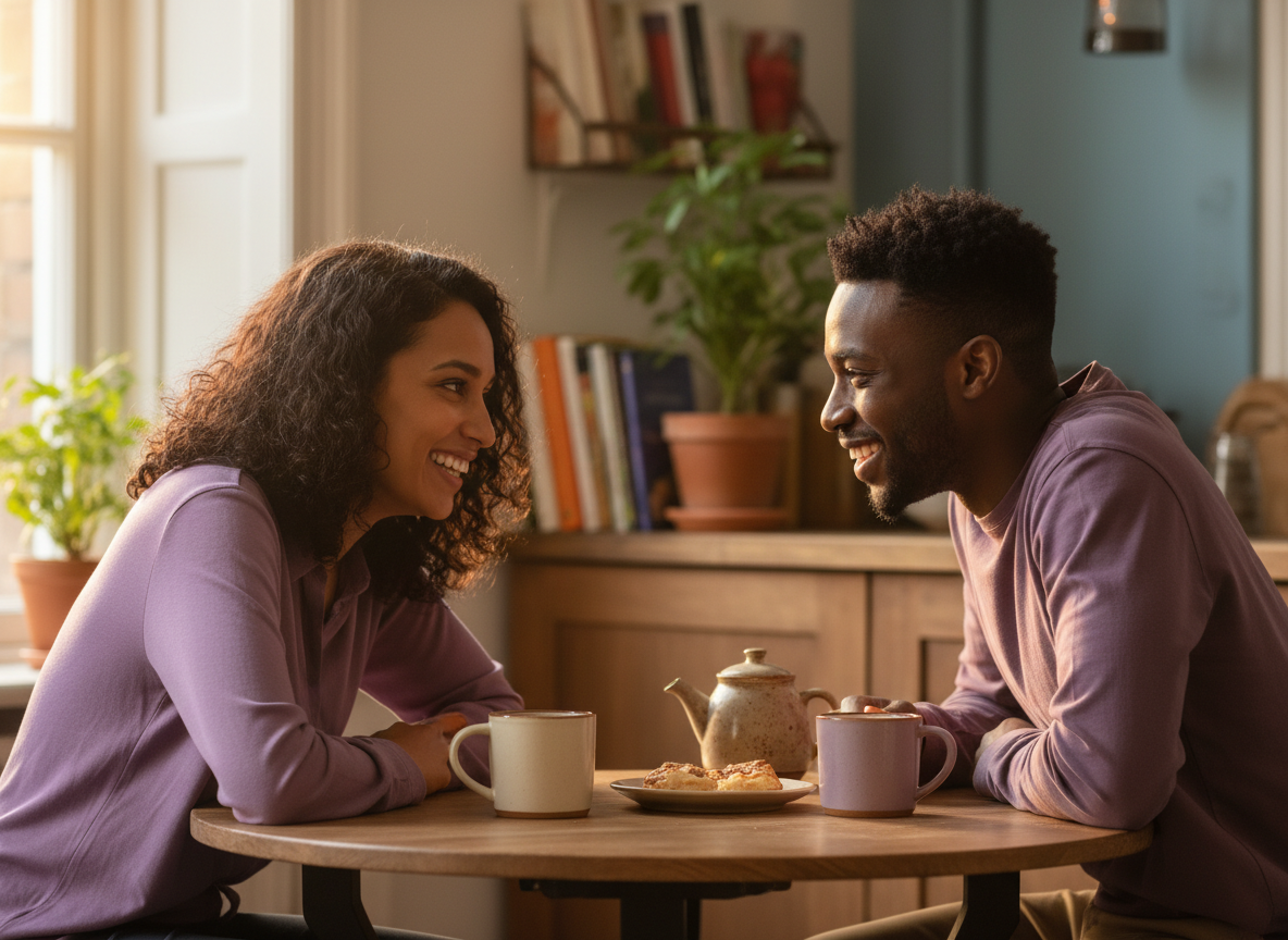 Why Women Deactivate Instagram in Relationships: Warm, intimate scene of a couple sitting together at a small cafe table o...