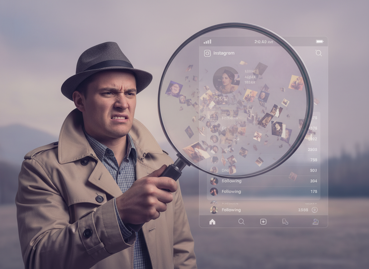 Why You Obsess Over Who Your Crush Follows: Person holding a large magnifying glass up to a floating, translucent Instagram