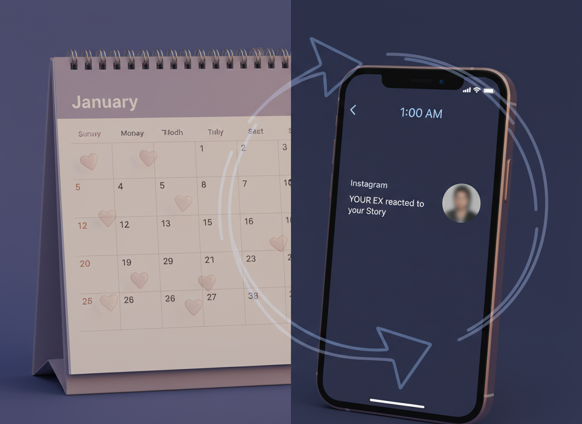 Instagram Crush and Ex Behavior Explained: Split-screen conceptual image showing the cyclical nature of ex behavior on Inst