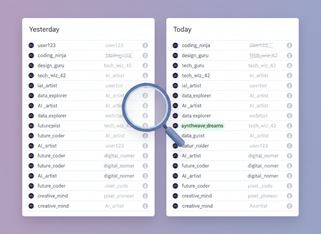 What Data Can Follower Trackers Actually See: A split-screen visual showing two side-by-side follower list snapshots