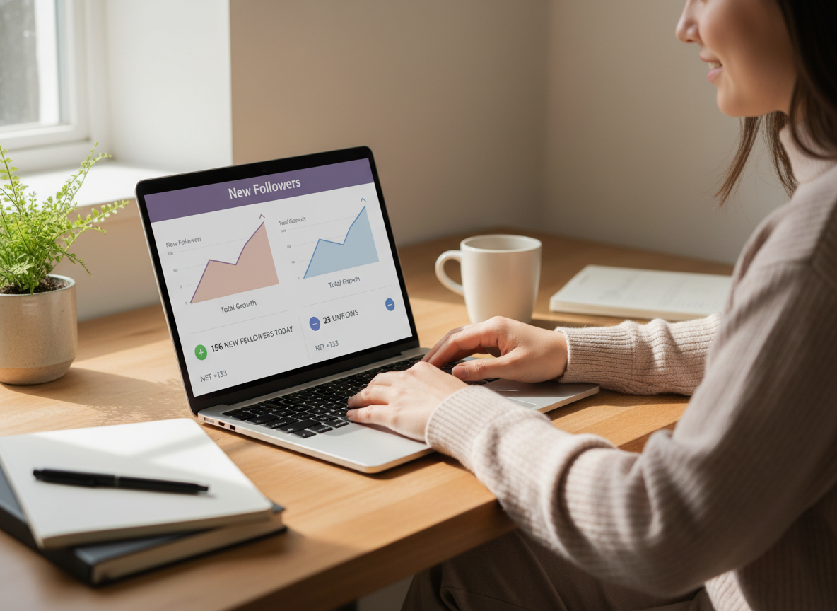 Instagram Crush and Ex Behavior Explained: Person sitting calmly at a desk with laptop open showing a clean follower analyt