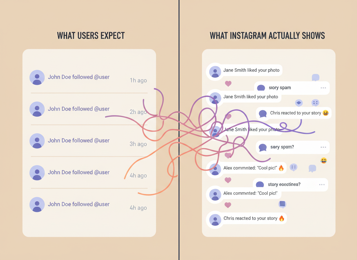 Are Recent Follow Alerts on Instagram Real: Split-screen illustration showing two contrasting panels: on the left, what user
