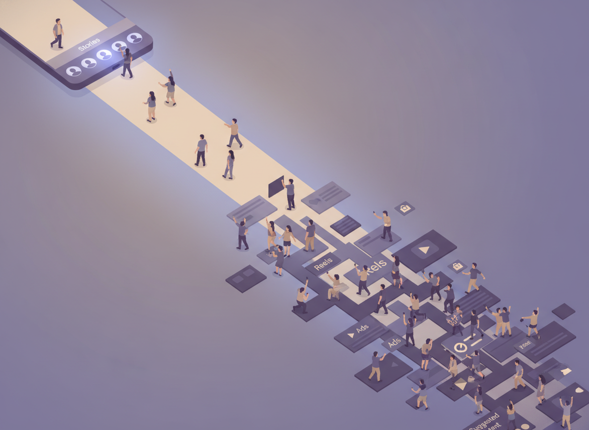 Why Your Partner Watches Stories but Never Likes: Conceptual illustration showing diverging pathways representing Instagra...