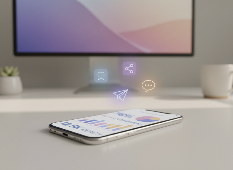 Instagram Analytics Reports to Boost Engagement: A modern smartphone displaying colorful Instagram analytics graphs and ch...