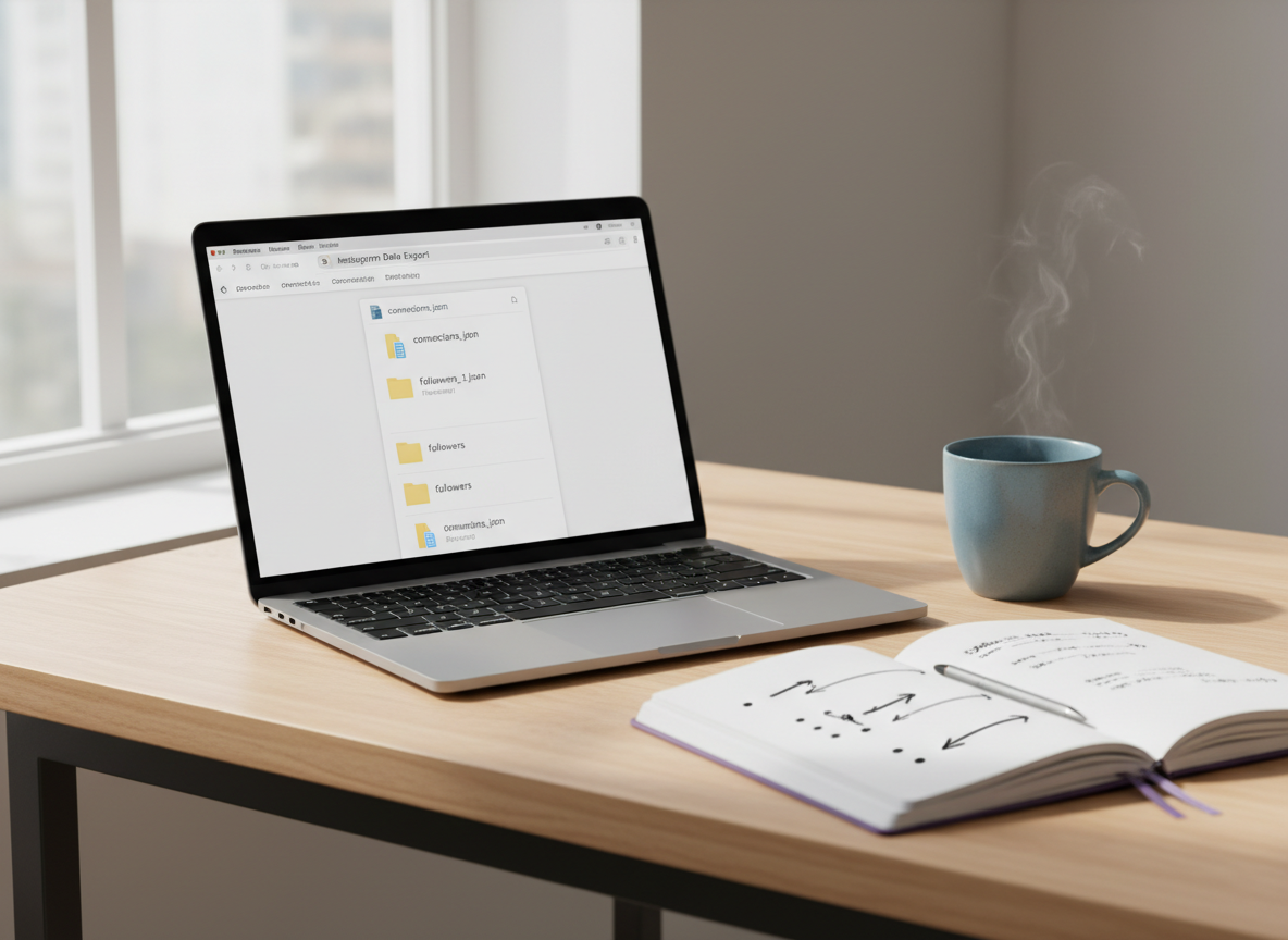 How to see who unfollowed you on Instagram without an app: A laptop screen displaying a file explorer window with JSON fil...