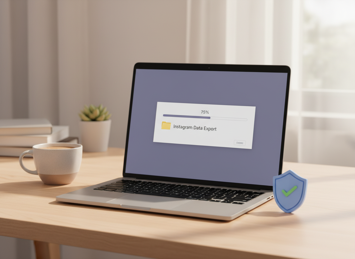 Instagram Unfollow Tool (Guide + Options): A laptop screen showing a file download progress bar at 75% completion, with a f