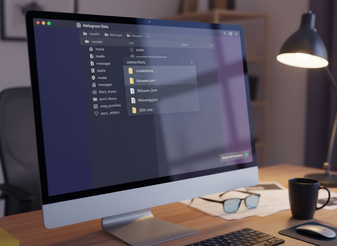 Instagram Reports vs Manual Follower Tracking: Close-up of a computer screen showing a file download notification or folde...