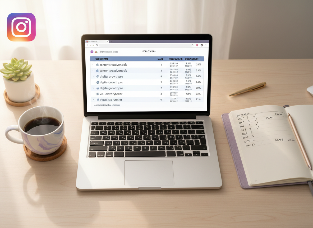 Instagram Unfollow Reports That Actually Work: An overhead flat-lay photograph of a workspace showing a laptop with a spre...