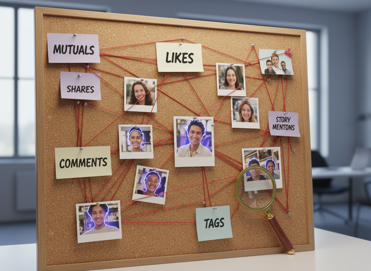 Can You See Who Someone Recently Followed: A detective-style cork board with photos, sticky notes, and red string connectin