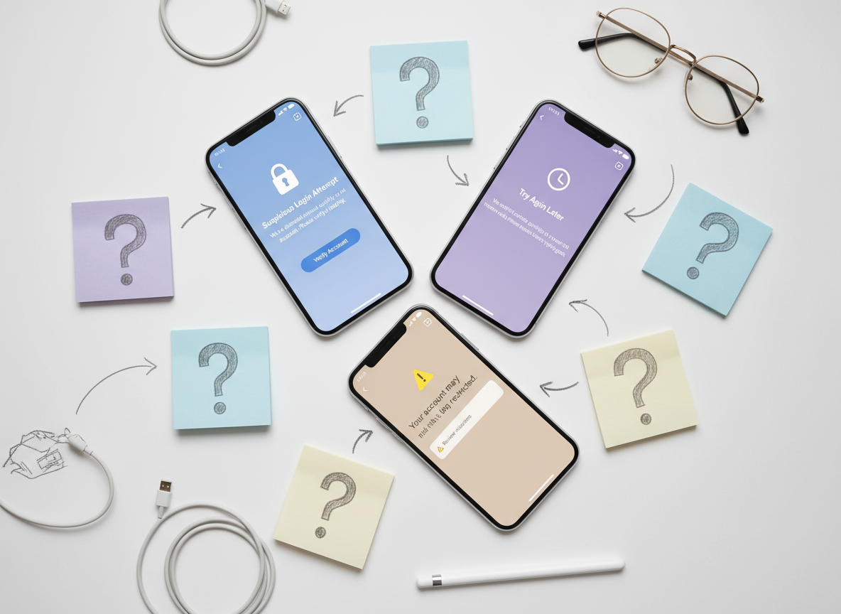 What to Do If a Tracker Flagged Your Account: Flat lay overhead view of a desk with multiple phone screens or device mocku...