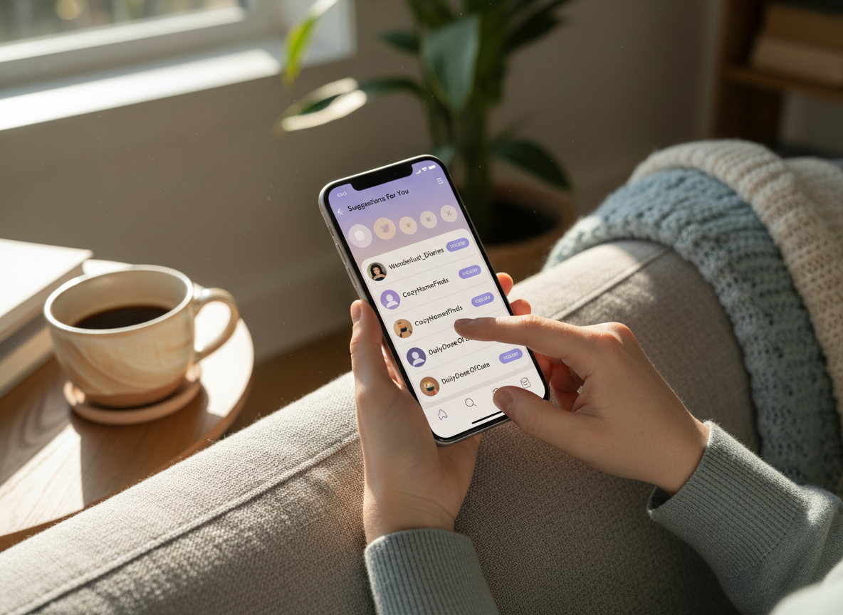 When Your Crush Follows Someone New: Close-up overhead shot of hands holding a smartphone displaying a stylized socia