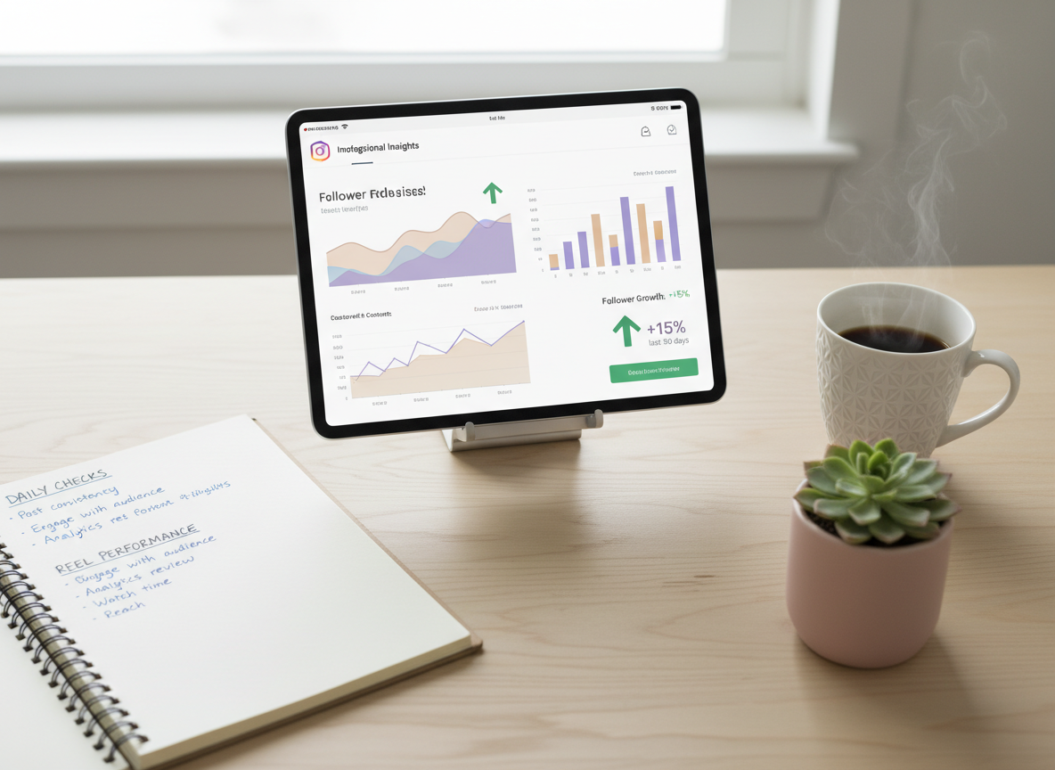 Are Recent Follow Alerts on Instagram Real: Clean overhead view of a desk workspace showing a tablet displaying Instagram Pr