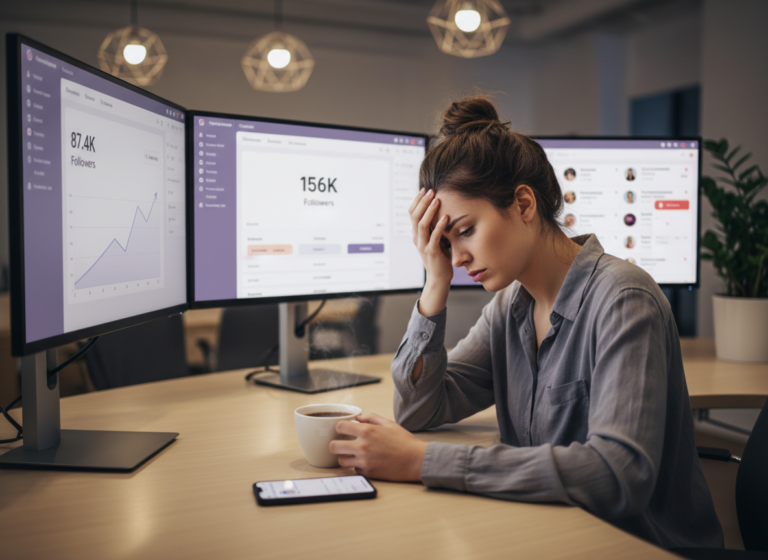 Best Instagram Follower Tracker for Large Accounts (50k+): A stressed social media manager sitting at a desk with multiple...