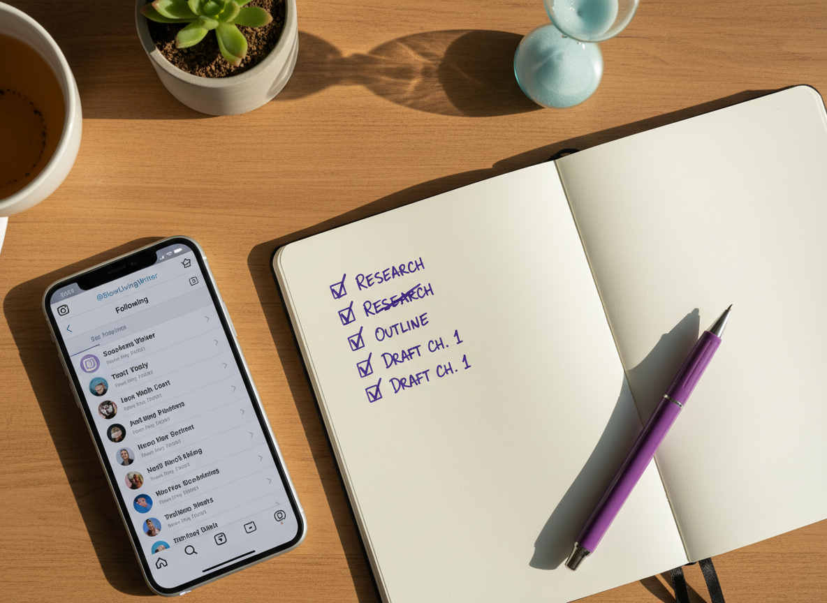 Instagram Unfollow Tool (Guide + Options): A bird's eye view of a notebook with a handwritten checklist, some items crossed