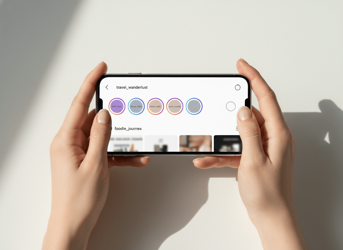 Why Your Girlfriend Hid Her Instagram Stories: Close-up overhead shot of hands holding a smartphone displaying an Instagra...