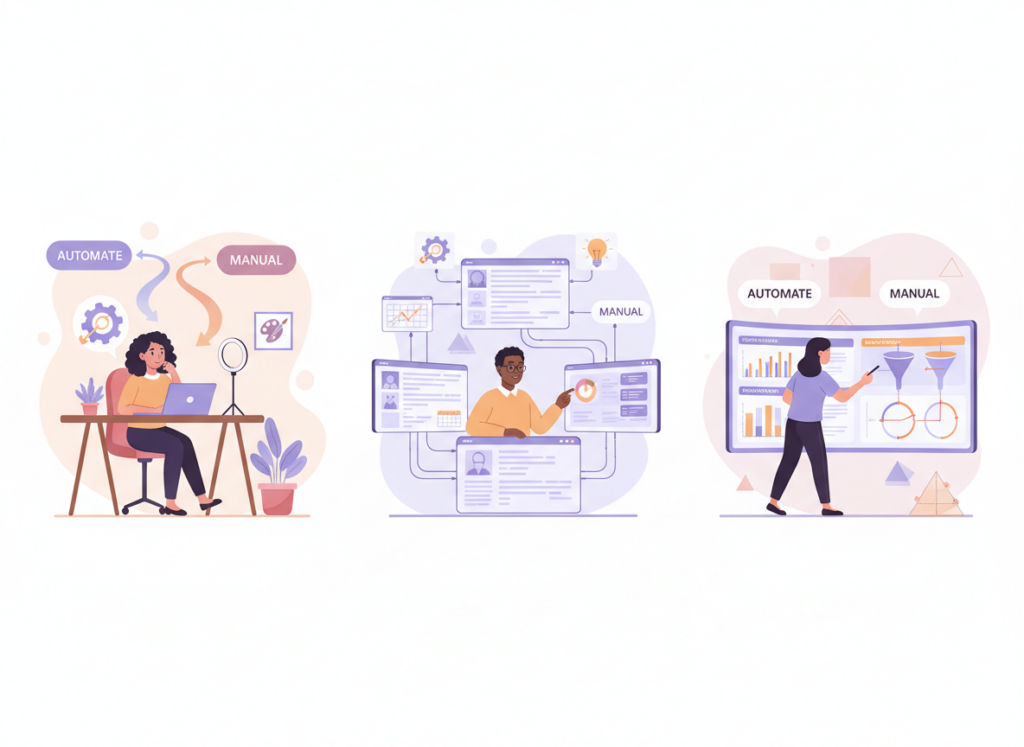 Manual vs Automated Instagram Tracking Explained: Three-panel illustration showing different Instagram user types making decisions.