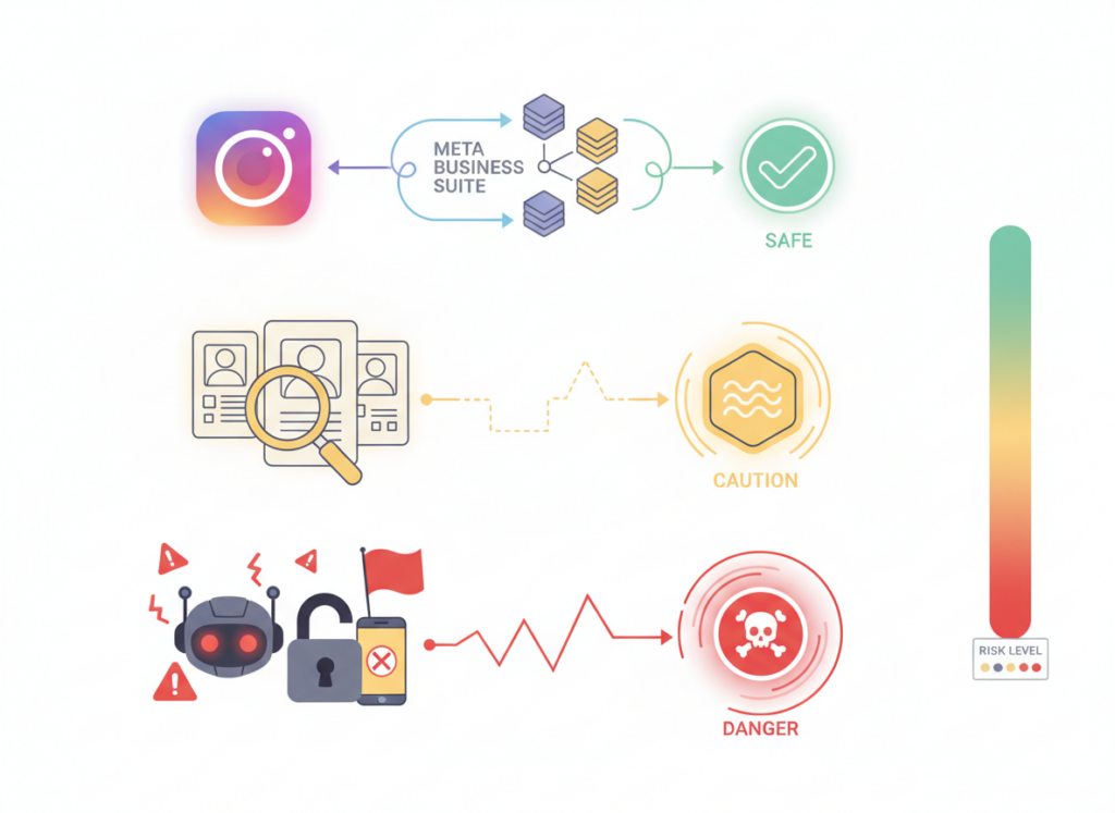 Manual vs Automated Instagram Tracking Explained: Clean infographic-style illustration showing three distinct pathways for manual and automated Instagram Follower Tracker