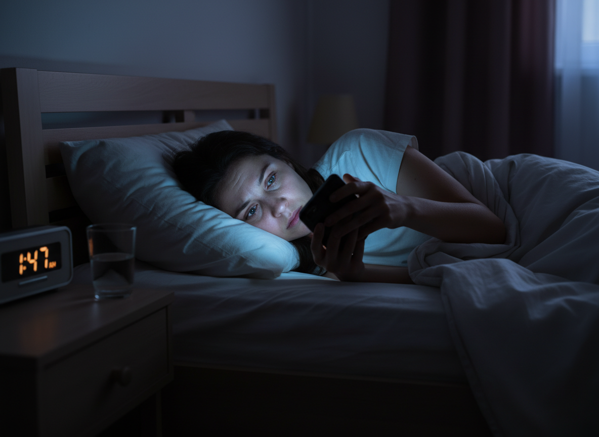 Why Women Deactivate Instagram in Relationships: Dramatic nighttime bedroom scene lit only by harsh smartphone screen glow...