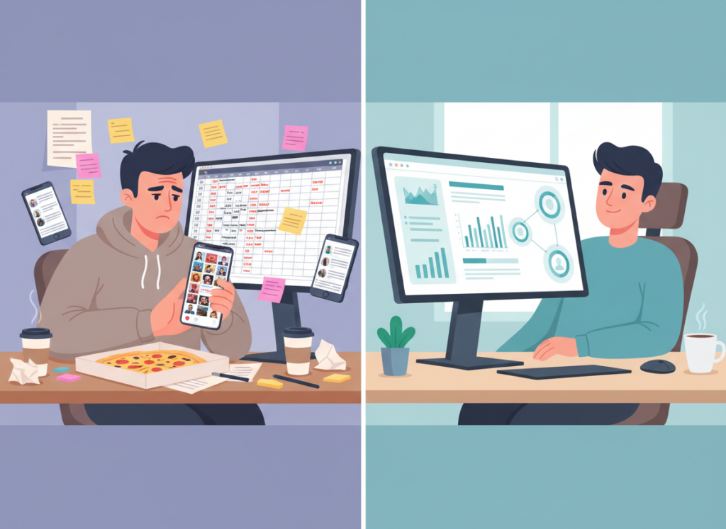 Manual vs Automated Instagram Tracking Explained: Split-screen digital illustration showing two contrasting scenes.