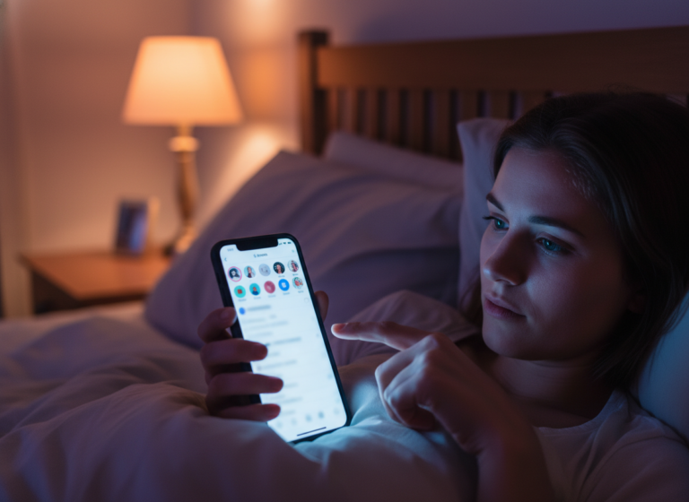 Why Your Partner Watches Stories but Never Likes: Close-up of a person lying in bed at night, face illuminated by the soft...