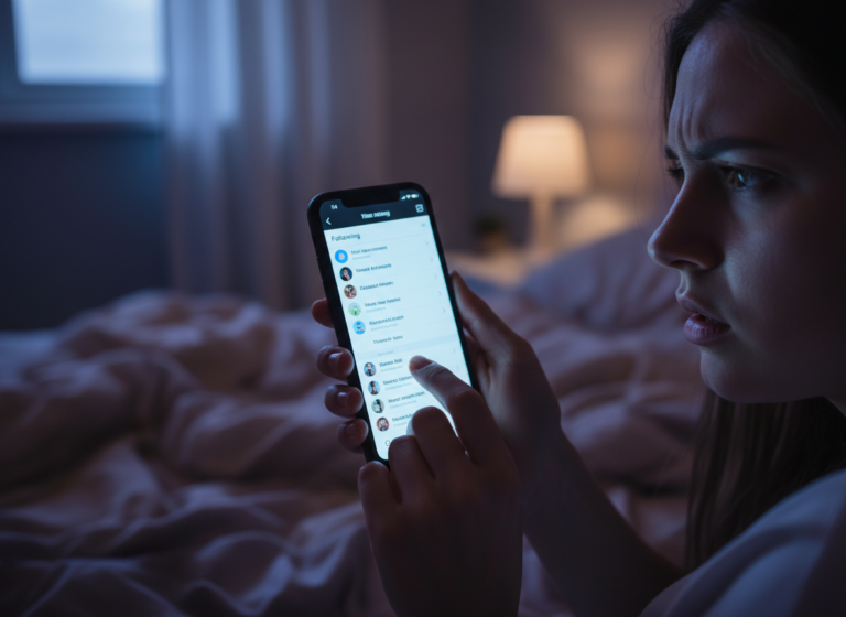 Why You Obsess Over Who Your Crush Follows: Close-up of a person's hands holding a smartphone in dim bedroom lighting, late