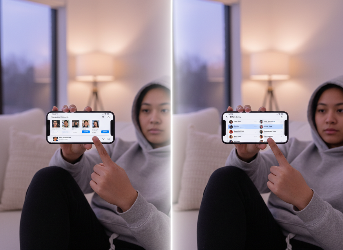 Why Your Ex Follows New People but Watches You: Split-screen style composition: on one side, a person casually browsing In...