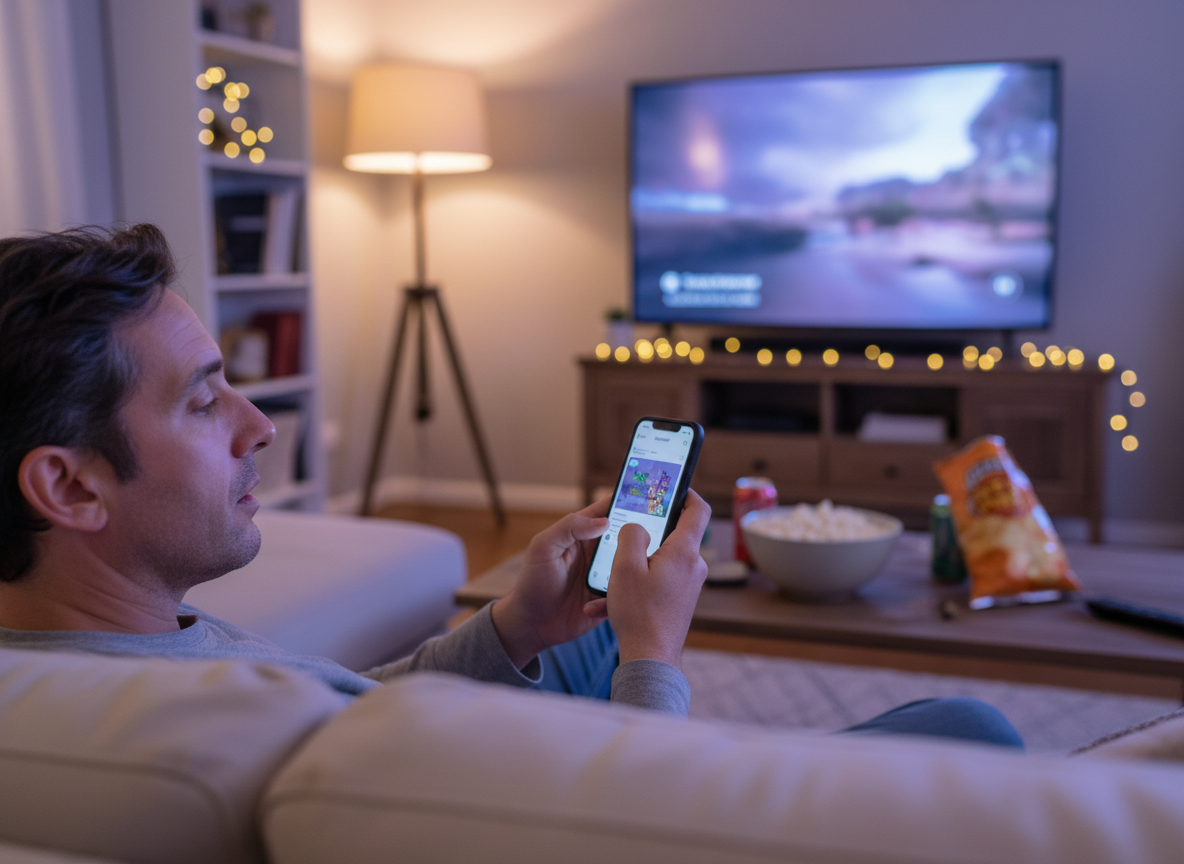 Why Instagram Activity Is Not Proof of Trust: Side profile of a person sitting on a couch, eyes glazed over, mindlessly ta...