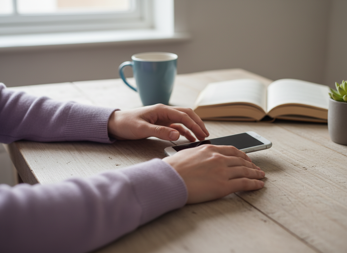 Why Your Ex Follows New People but Watches You: A person intentionally placing their smartphone face-down on a wooden tabl...